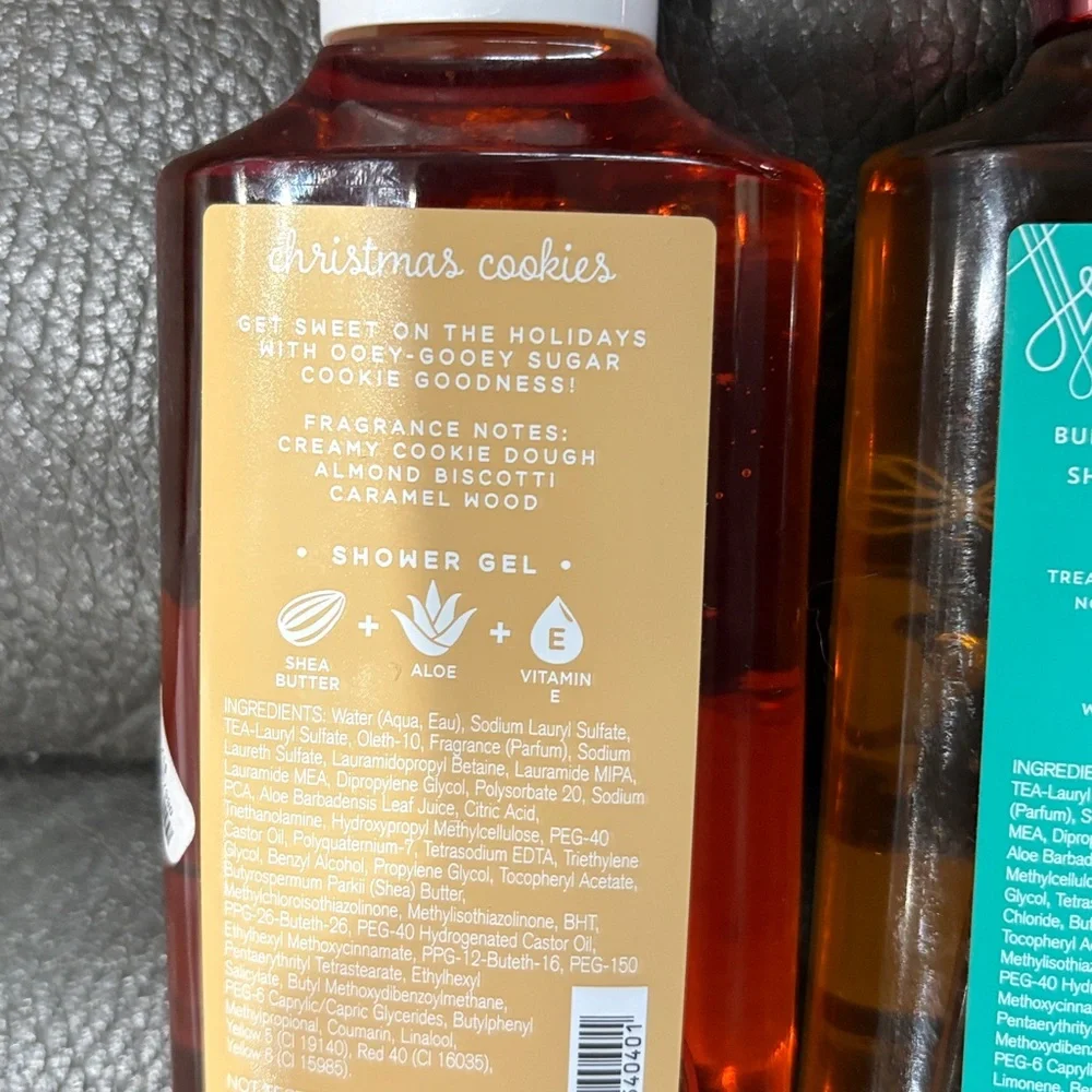 Bath and body holiday shower gels in Christmas cookies and coconut mint drop